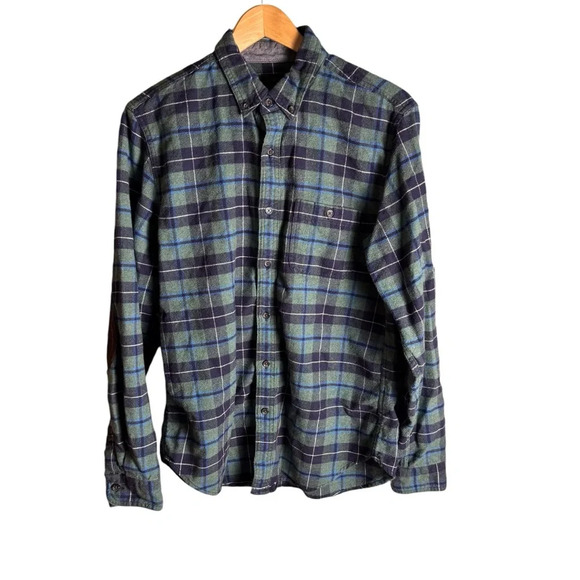 J.Crew Mens Green Blue Plaid Flannel Shirt Wool Blend Suede Elbow Patches M - Picture 3 of 11